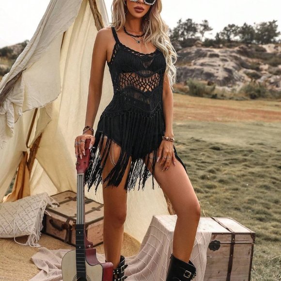 Black Boho Womens Hollow Out Fringe Hem Crochet Cami Cover Up - Picture 3 of 5